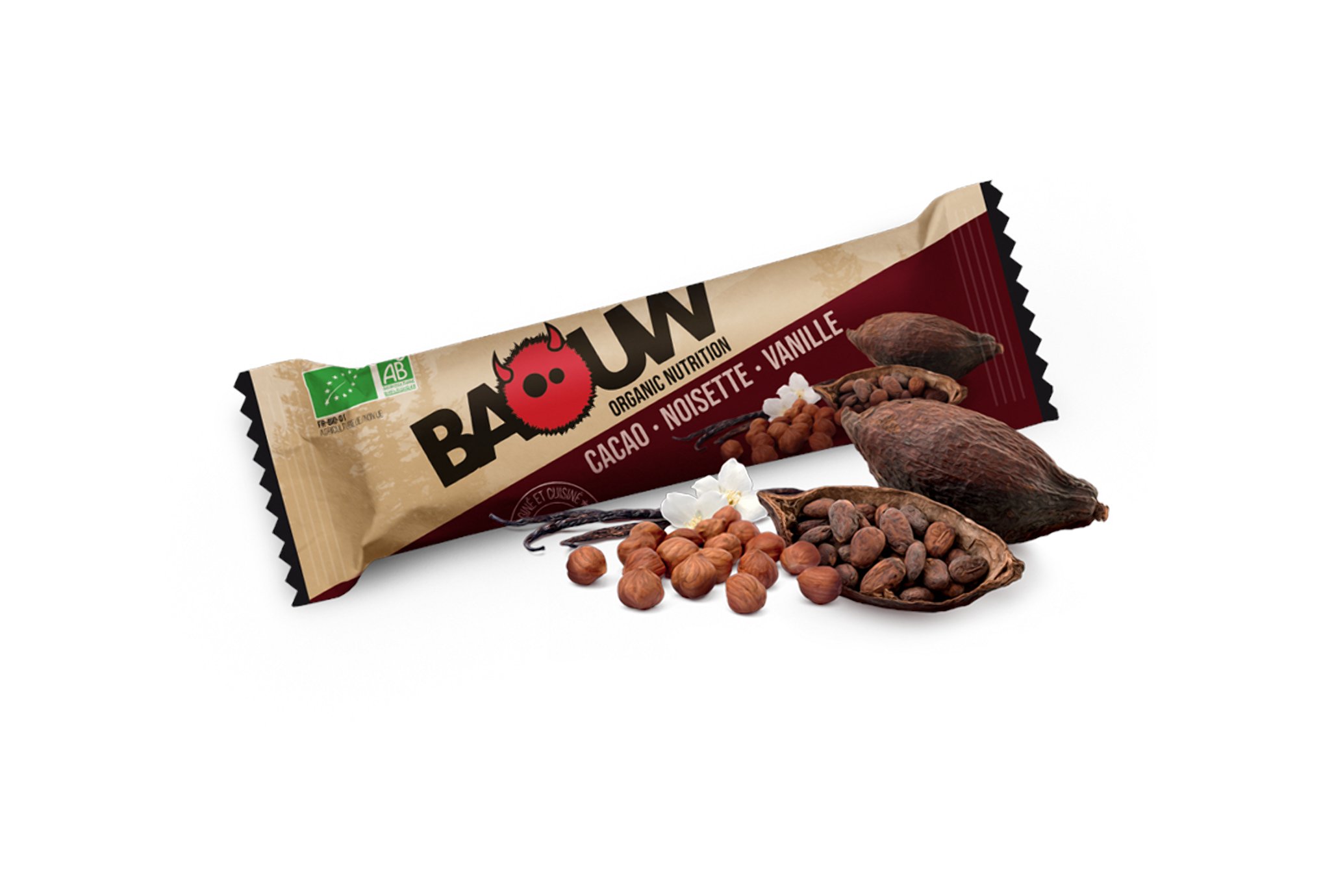 Baouw Barre nutritionnelle bio - Cacao - Noisette - Vanille Diététique Barres