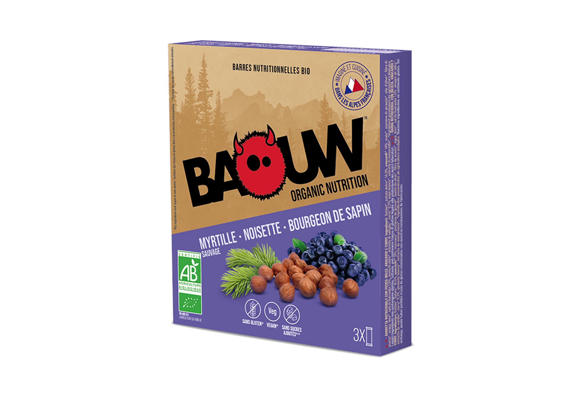 Baouw Étui 3 barres nutritionnelles bio - Myrtille sauvage - Noisette - Bourgeon de sapin Diététique Barres