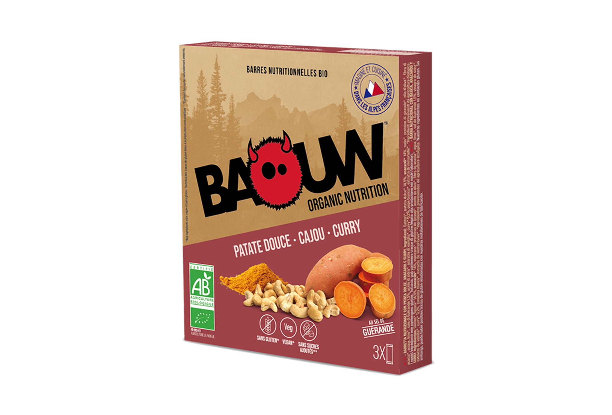 Baouw Étui 3 barres nutritionnelles bio - Patate douce - Cajou - Curry Diététique Barres