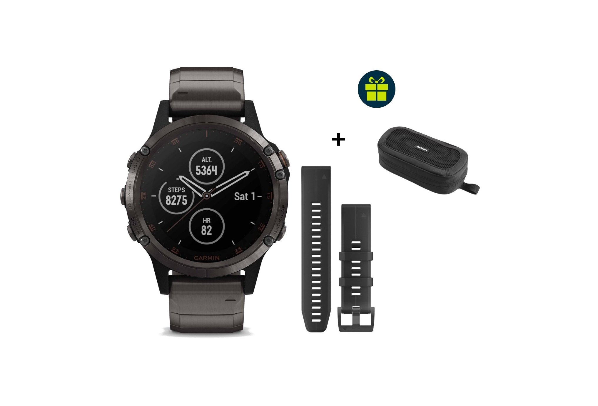 Garmin Fenix 5 Plus Sapphire Titane, pack bracelet et housse Cardio-Gps