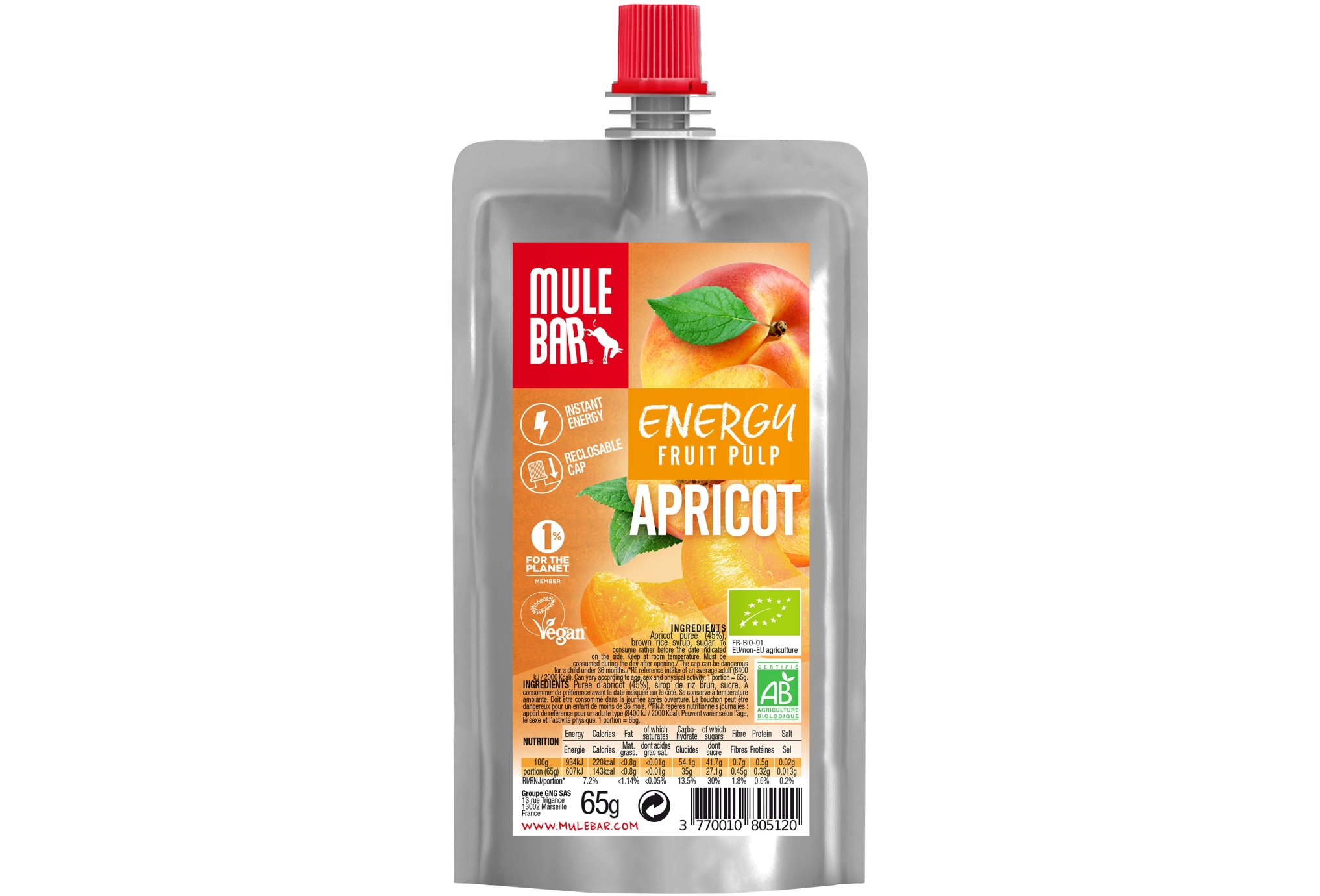 Mulebar Pulpe de fruits Bio & Vegan - Abricot Diététique Gels