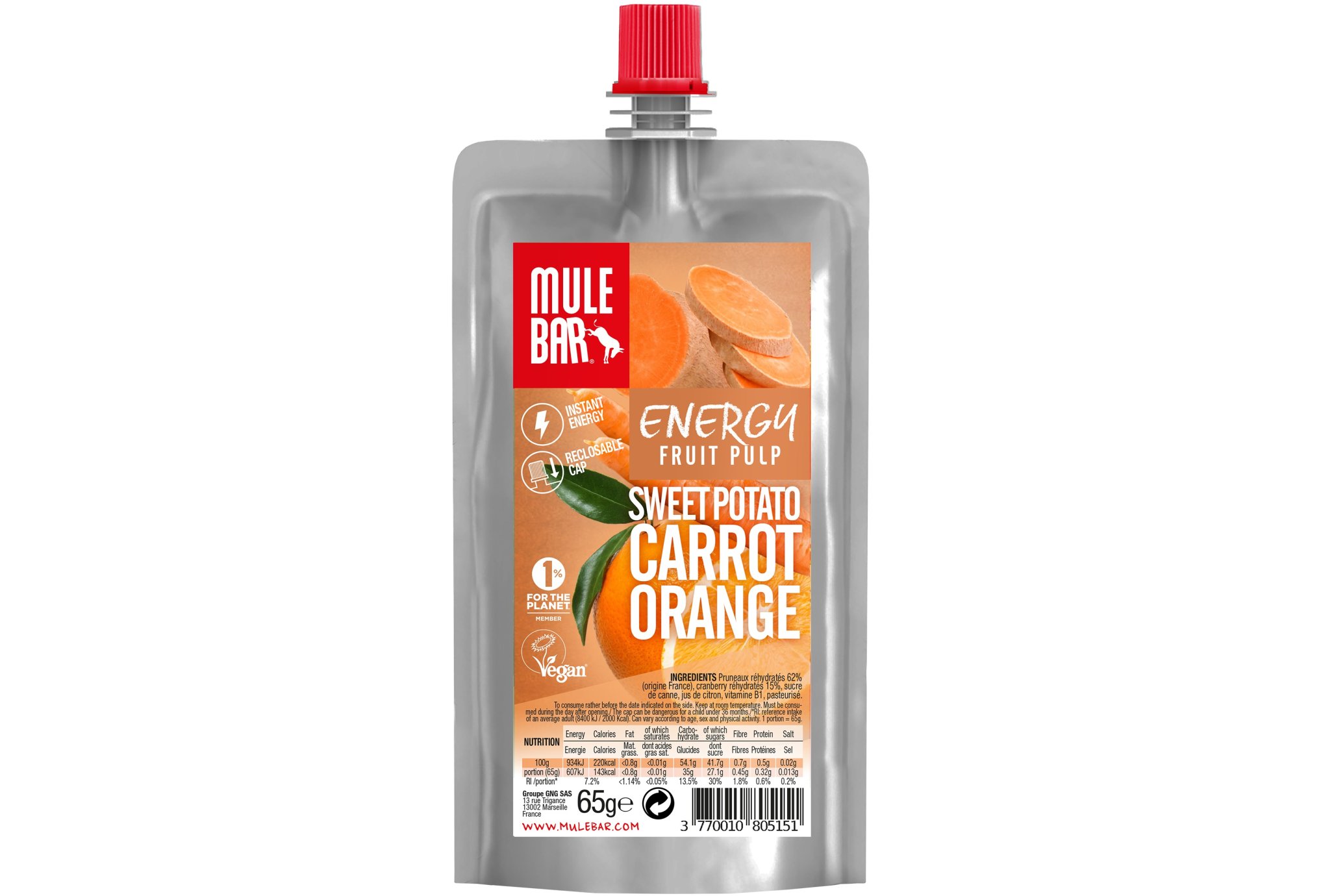 Mulebar Pulpe de fruits Vegan - Patate Douce/Orange/Carotte Diététique Gels